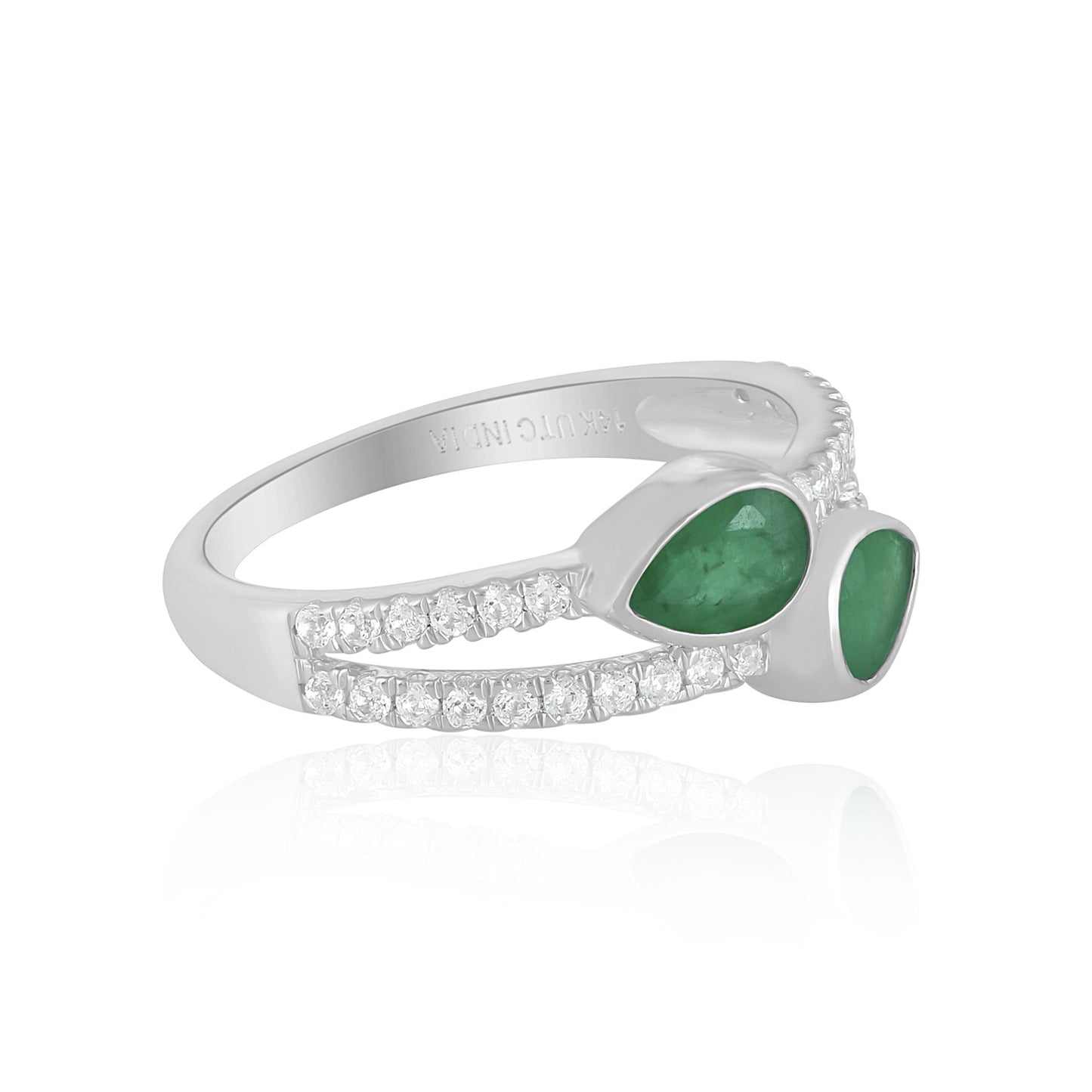 14K White Gold Emerald and White Topaz Bypass Ring