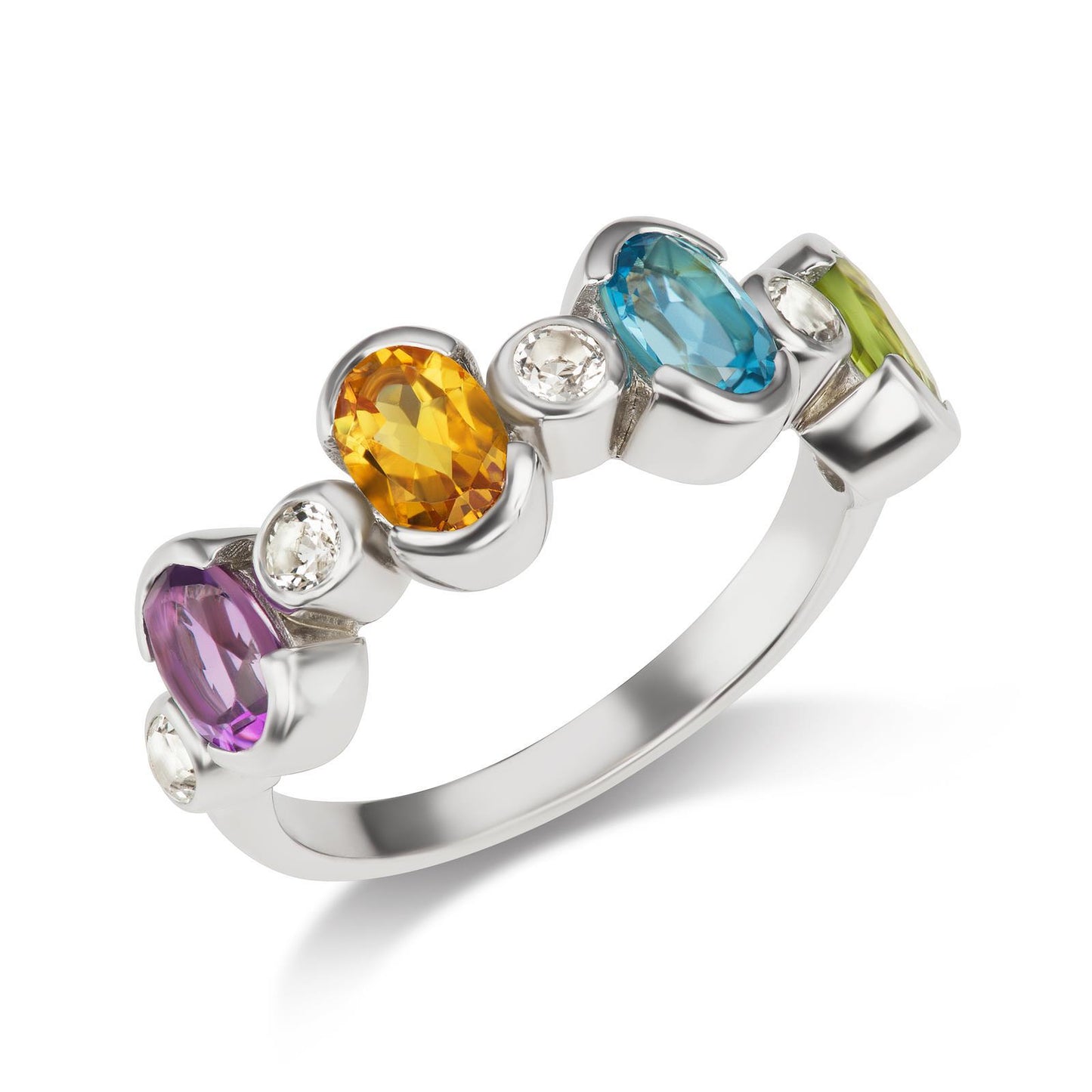 Gemistry Womens & Girls 925 Sterling Silver Rainbow Oval Gemstone Birthstone Band Ring Gift for Her | Wedding | Birthday | Anniversary (Ring Size: 7)