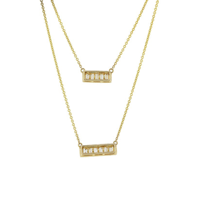 14K Gold White Diamond Baguette Multi-Strand Bar Necklace, 15 to 18 Inches