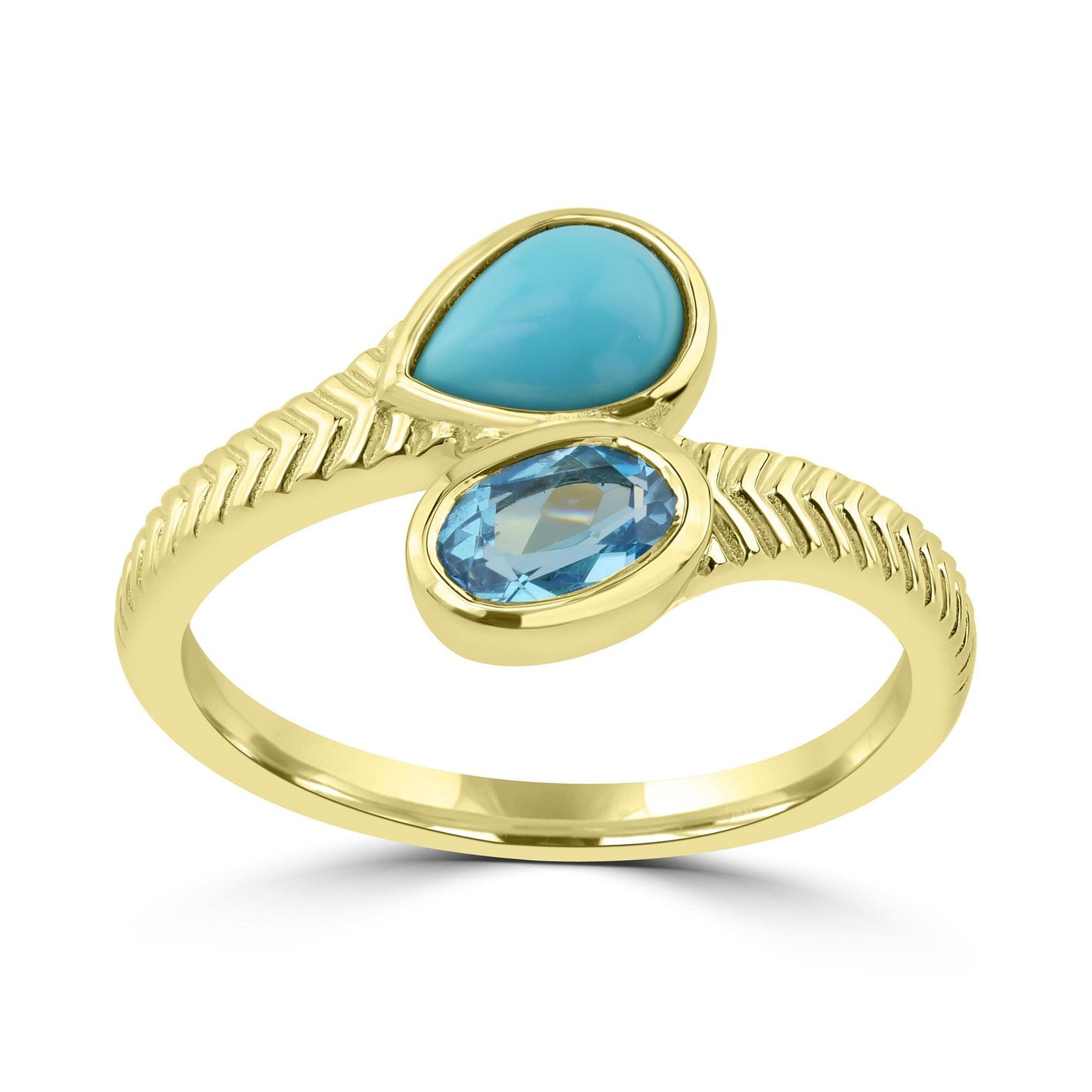 Gemistry "GG Collection Pear Turquoise and Oval Swiss Blue Topaz Gemstone Gold Plated Bypass Ring in 925 Sterling Silver (Ring Size 7)