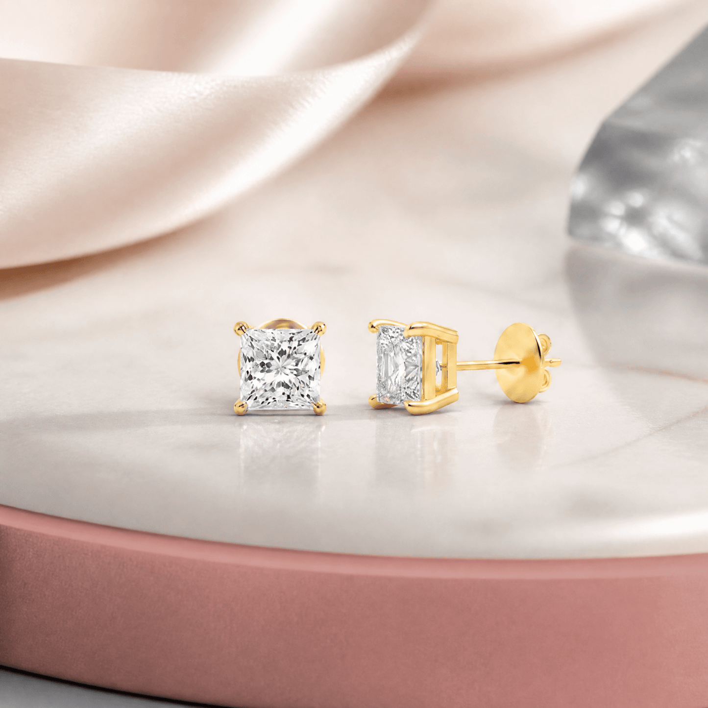 14K Gold 3.0 CTTW Lab Grown Diamond Princess Cut Stud Earrings