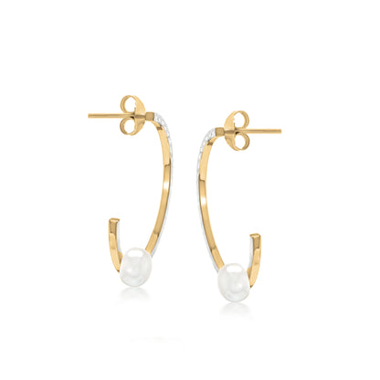 Judy Crowell Jewelry 14K Gold Over Sterling Silver Freshwater Pearl Diamond Cut Rectangle J Hoop Earrings