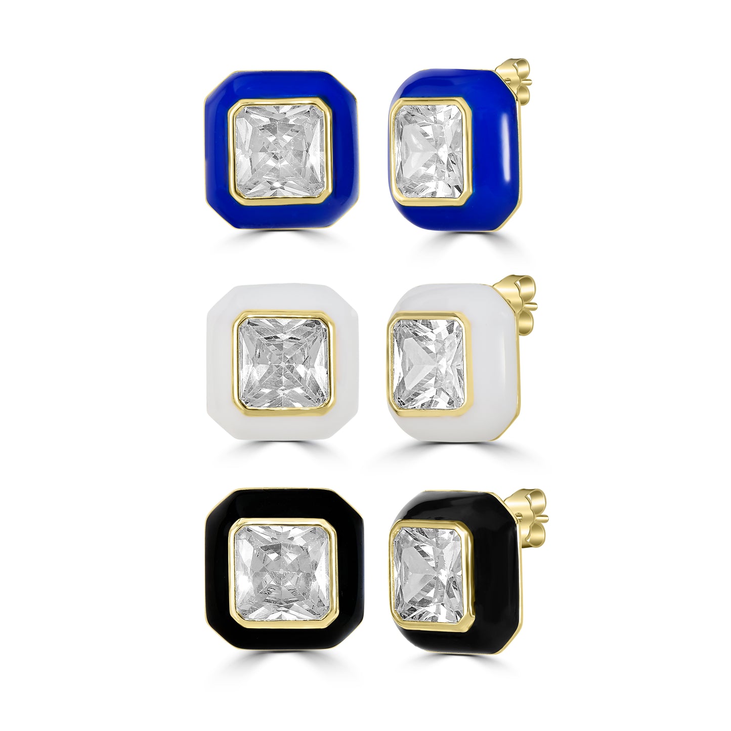 Bob Mackie Jewelry 14K Gold Over Brass Black, White and Navy Enamel White Cubic Zirconia Stud Earrings, Set of 3 Colors