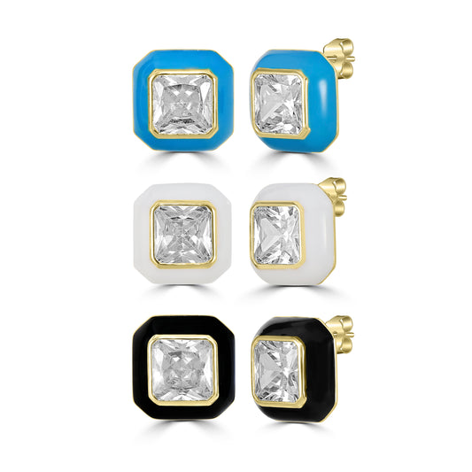 Bob Mackie Jewelry 14K Gold Over Brass Black, White and Turquoise Enamel White Cubic Zirconia Stud Earrings, Set of 3 Colors