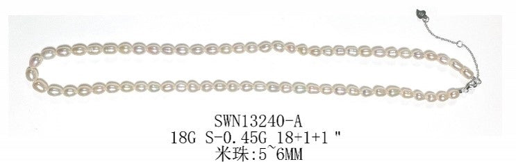 Sterling Silver White Rice Pearl Double Strand Necklace, 18 Inches