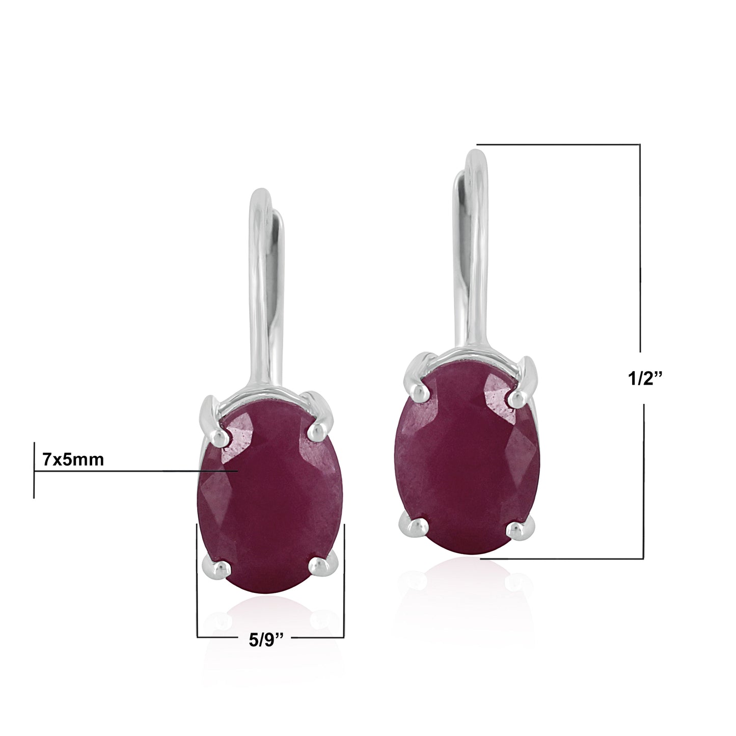 14K White Gold Oval Ruby Lever Back Drop Earrings