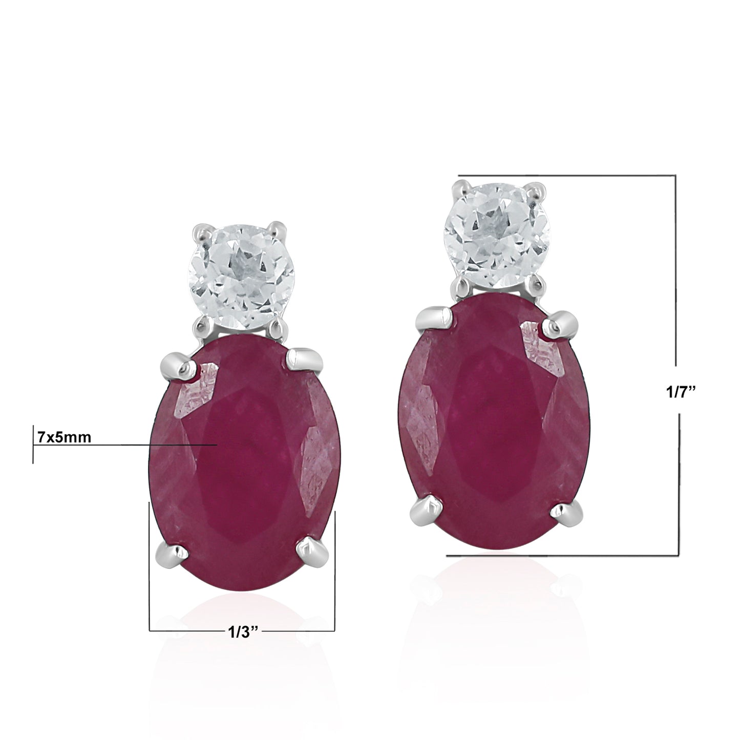 14K White Gold Oval Ruby and White Topaz Stud Earrings