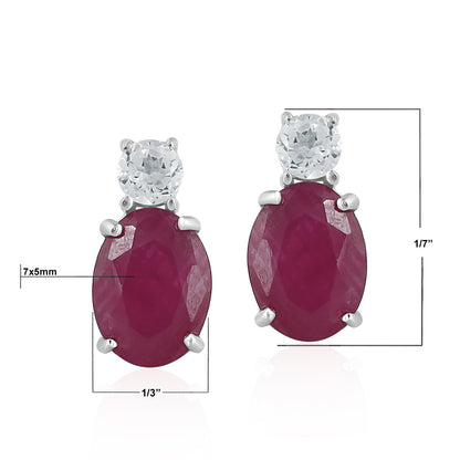 14K White Gold Oval Ruby and White Topaz Stud Earrings