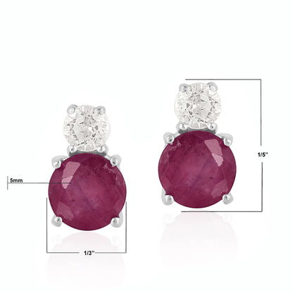 14K White Gold Round Ruby and White Topaz Stud Earrings