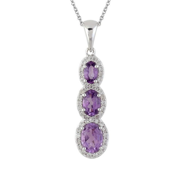 Gemistry Amethyst with Genuine White Natural Zircon Gemstone Elegant Tripal Drop Pendant Necklace in 925 Sterling Silver, 18 inch