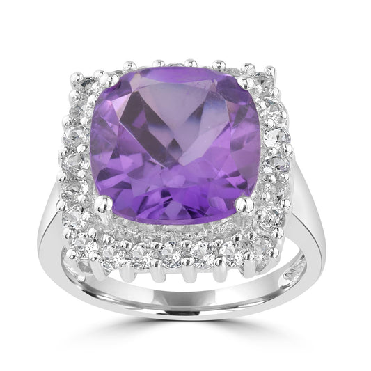 Sterling Silver Amethyst and White Topaz Square Ring, Sizes 5 and 11