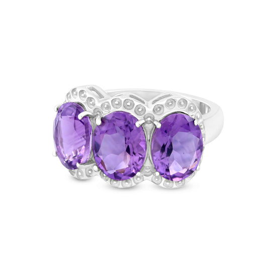 Sterling Silver Amethyst 3-Stone Oval-Cut Ring, Sizes 7 to 9