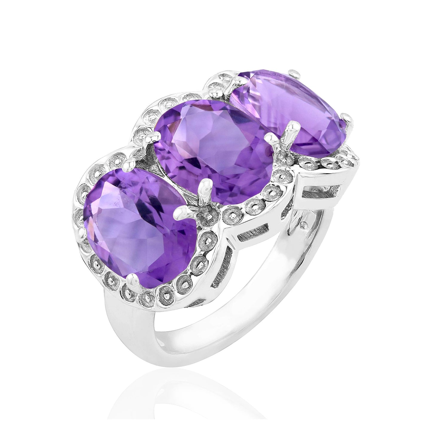 Sterling Silver Amethyst 3-Stone Oval-Cut Ring, Sizes 7 to 9