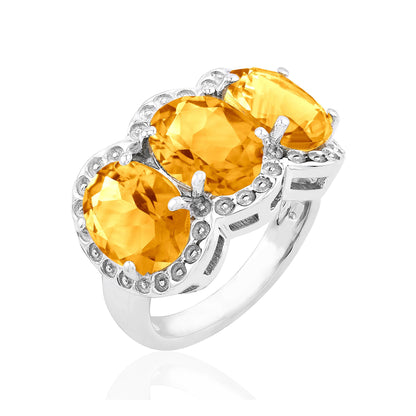 Sterling Silver Yellow Citrine 3-Stone Oval Ring, Sizes 5.5 to 9