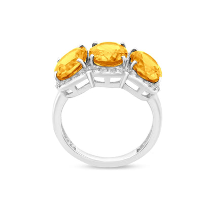 Sterling Silver Yellow Citrine 3-Stone Oval Ring, Sizes 5.5 to 9