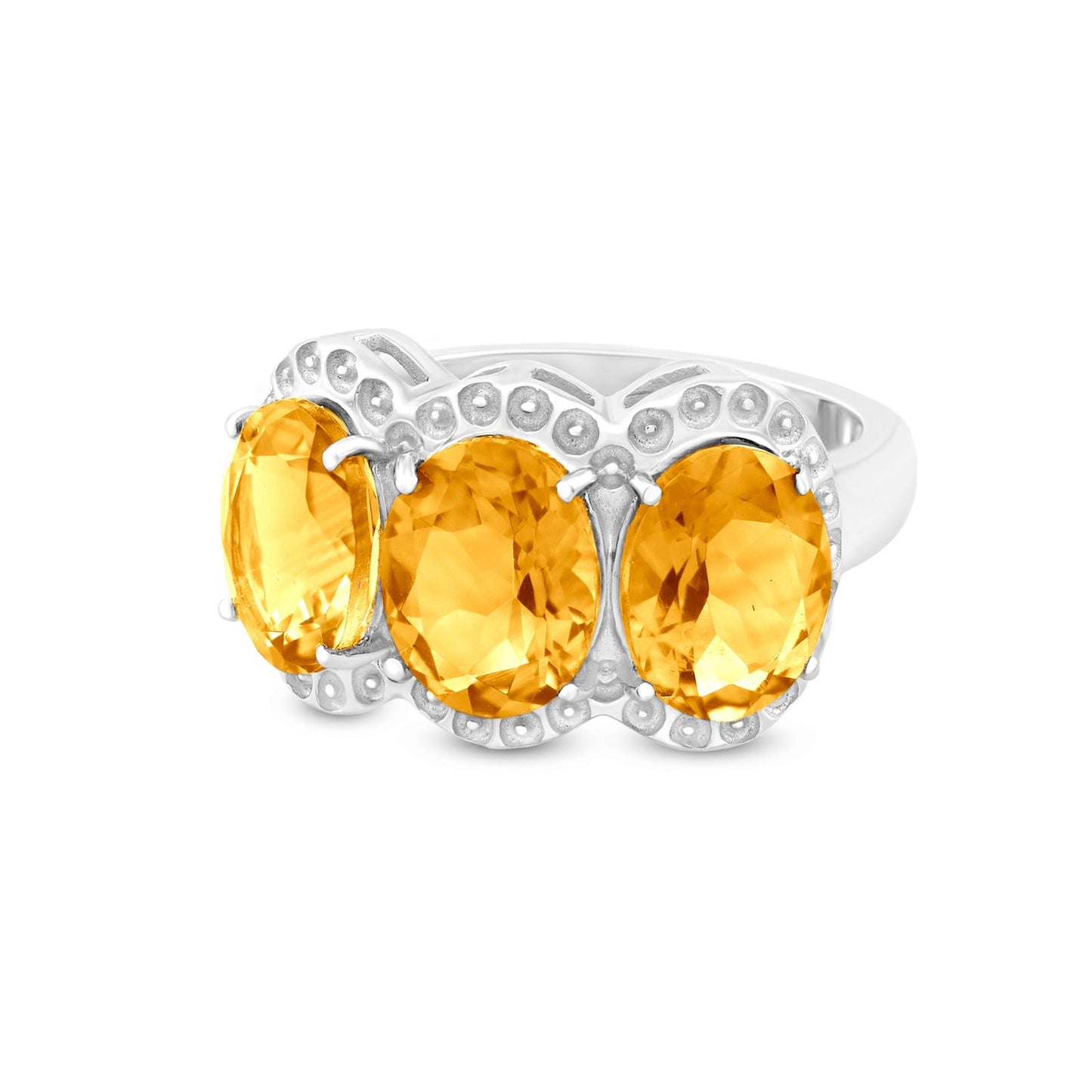 Sterling Silver Yellow Citrine 3-Stone Oval Ring, Sizes 5.5 to 9