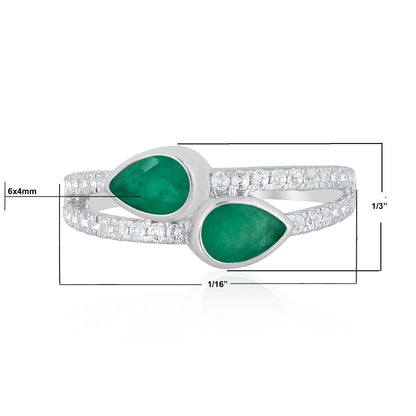 14K White Gold Emerald and White Topaz Bypass Ring, Size 7