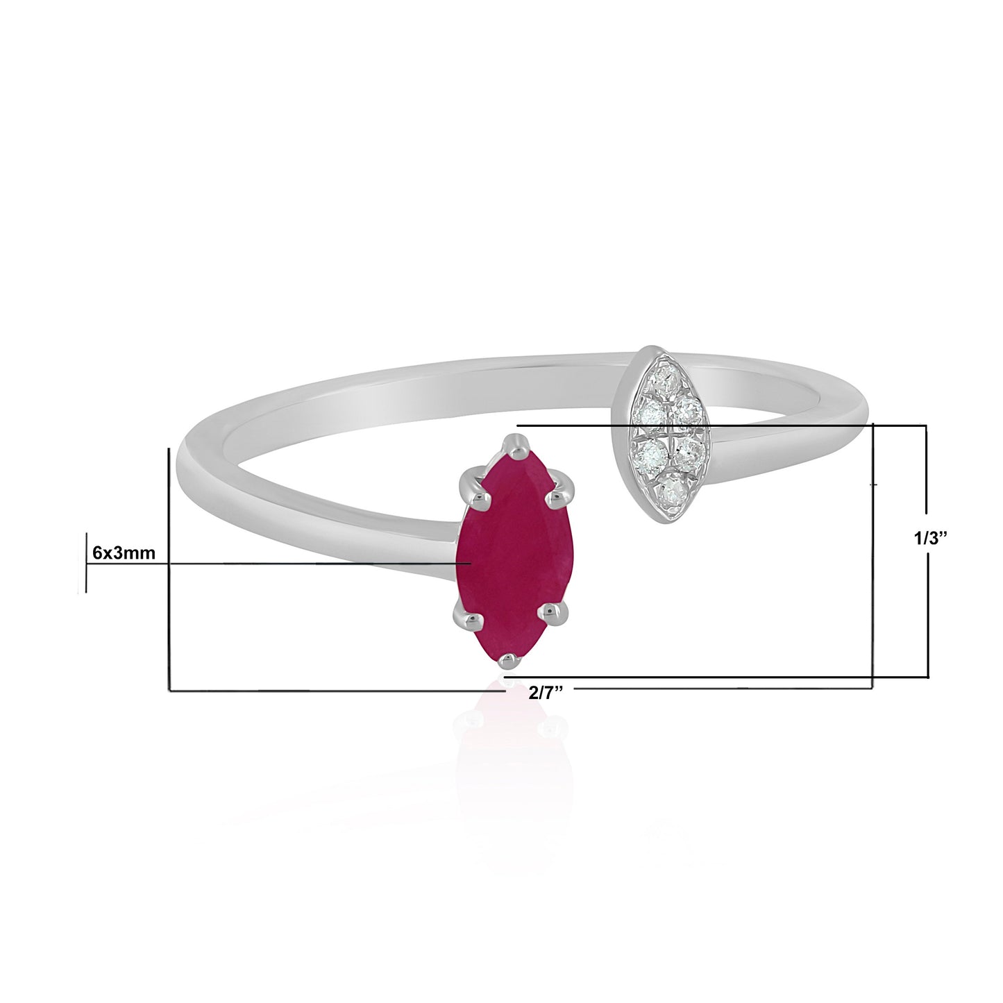 14K White Gold Marquise Ruby and White Topaz Cuff Ring, Size 7