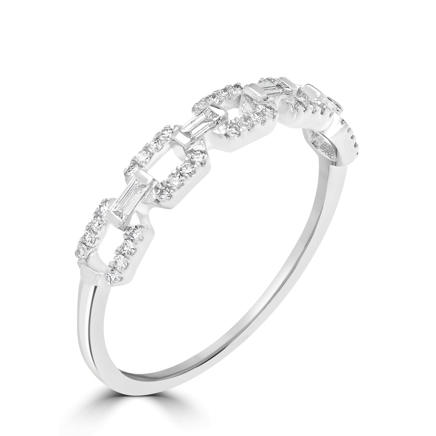 14K White Gold Round and Baguette-Cut Diamond Link Ring, .19 Carats, Sizes 6 to 8