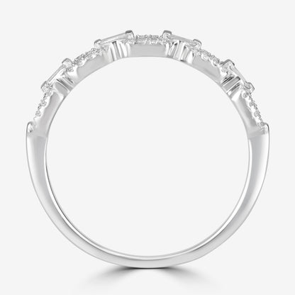 14K White Gold Round and Baguette-Cut Diamond Link Ring, .19 Carats, Sizes 6 to 8