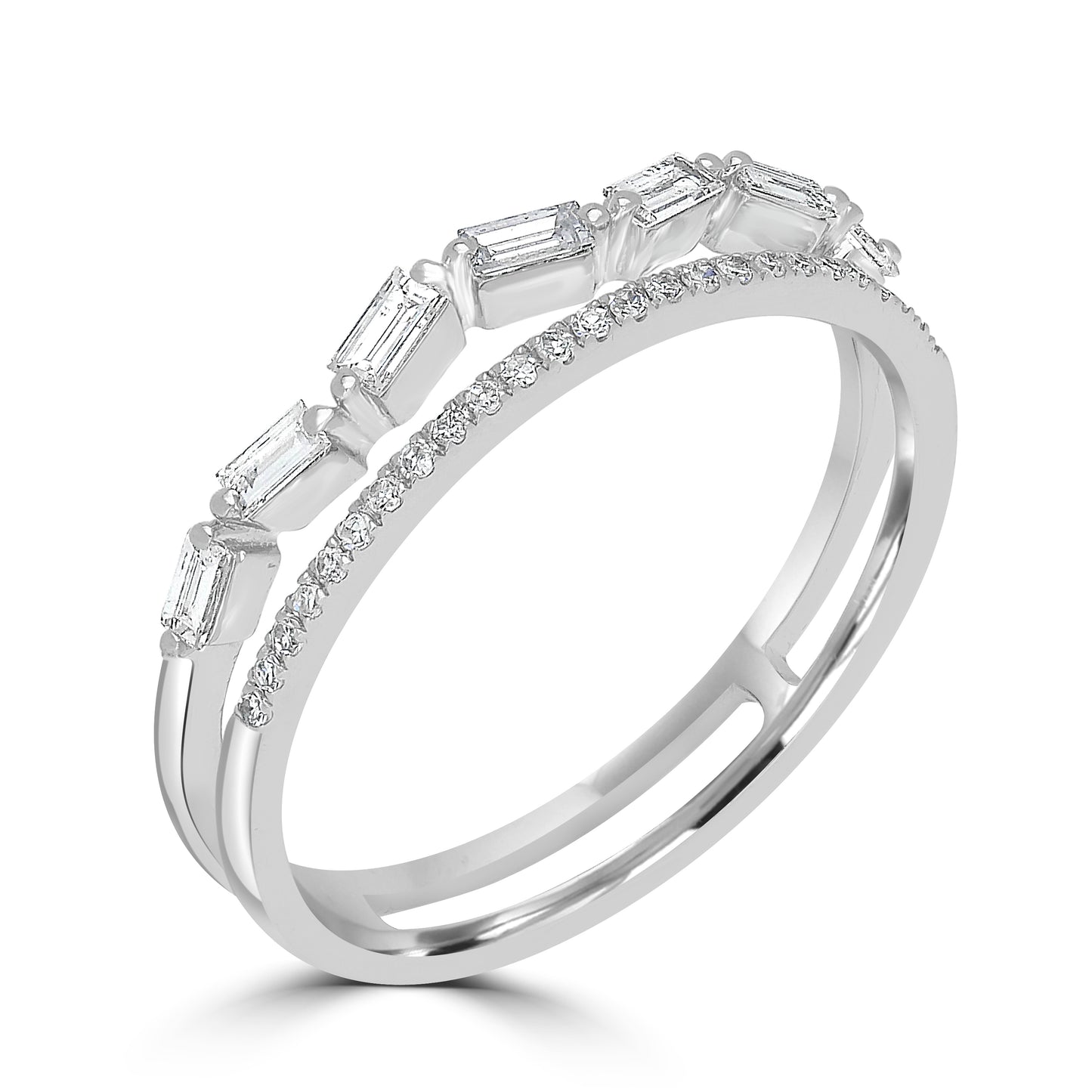 14K White Gold Round and Baguette-Cut Diamond Split Shank Ring, .26 Carats, Sizes 6 to 8