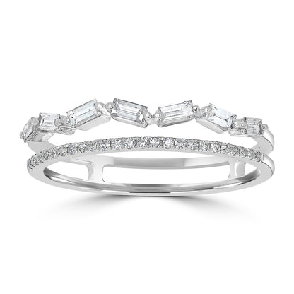 14K White Gold Round and Baguette-Cut Diamond Split Shank Ring, .26 Carats, Sizes 6 to 8