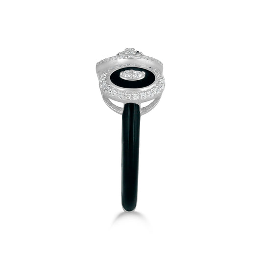 Judy Crowell Jewelry Sterling Silver Black Enamel Cubic Zirconia Open Band Ring, Sizes 6 to 9