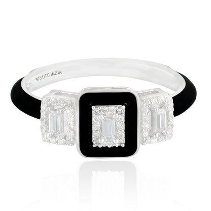 Judy Crowell Jewelry Sterling Silver Black Enamel Cubic Zirconia Three Rectangle Ring, Sizes 6 to 9
