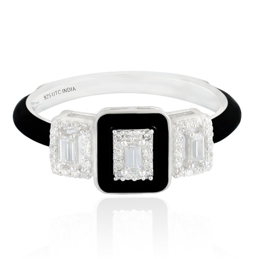 Judy Crowell Jewelry Sterling Silver Black Enamel Cubic Zirconia Three Rectangle Ring, Sizes 6 to 9