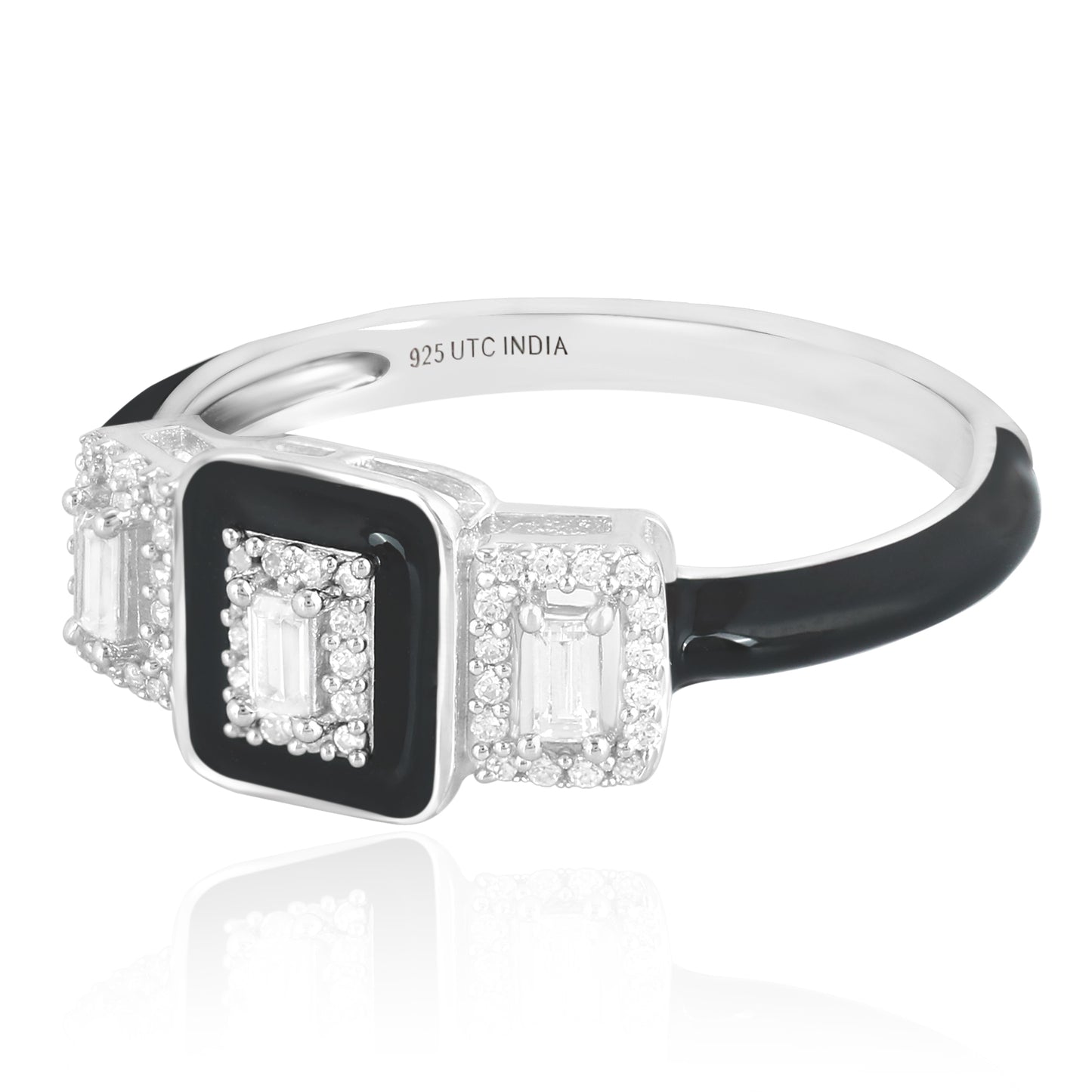 Judy Crowell Jewelry Sterling Silver Black Enamel Cubic Zirconia Three Rectangle Ring, Sizes 6 to 9