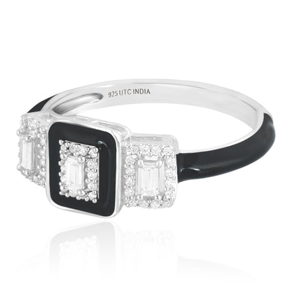 Judy Crowell Jewelry Sterling Silver Black Enamel Cubic Zirconia Three Rectangle Ring, Sizes 6 to 9