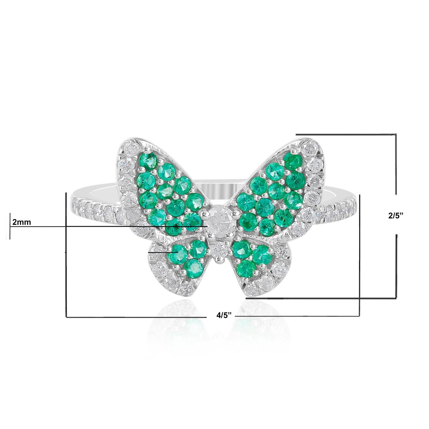 14K White Gold Emerald and White Topaz Butterfly Ring, Size 7