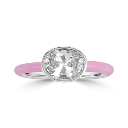 Bob Mackie Silver Over Brass Pink Enamel White Cubic Zirconia Ring, Sizes 6 to 8