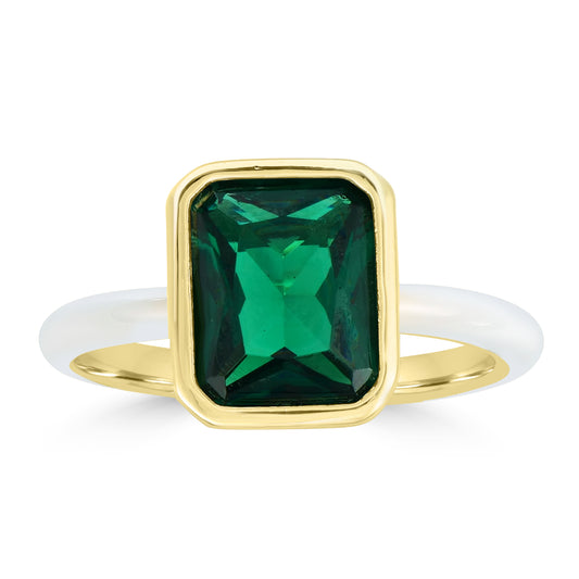 Bob Mackie Gold Over Brass White Enamel Rectangular Cut Emerald Green Cubic Zirconia Ring, Sizes 6 to 8