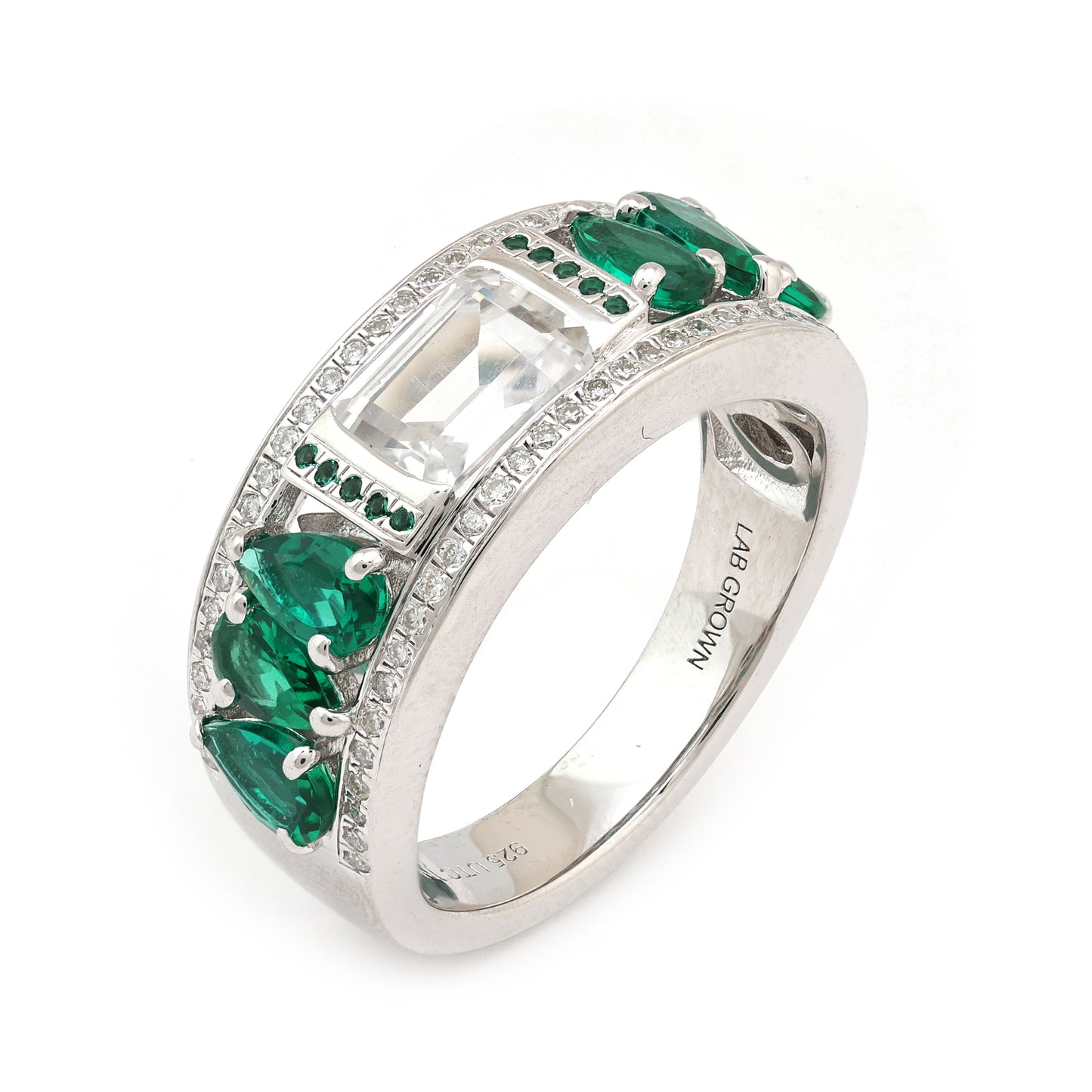 Sterling Silver 2.4 CTTW Lab Grown Diamond With Emerald and Sapphire Ring
