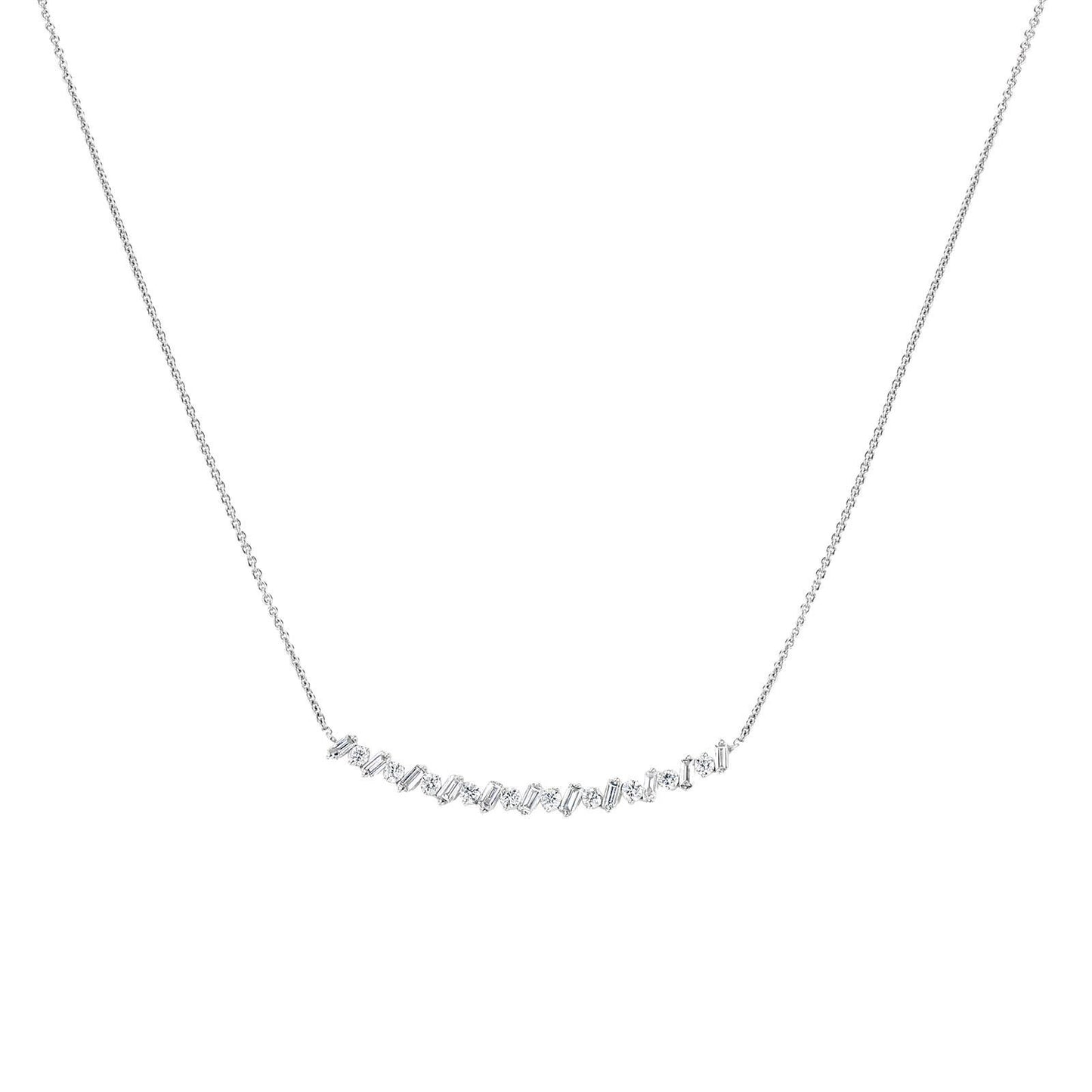 GEMISTRY Women 14K White Gold 0.47Ct Round and Baguette Diamond Curve Bar Necklace (GH Color, SI1 Clarity), 18 inch