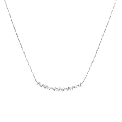 GEMISTRY Women 14K White Gold 0.47Ct Round and Baguette Diamond Curve Bar Necklace (GH Color, SI1 Clarity), 18 inch