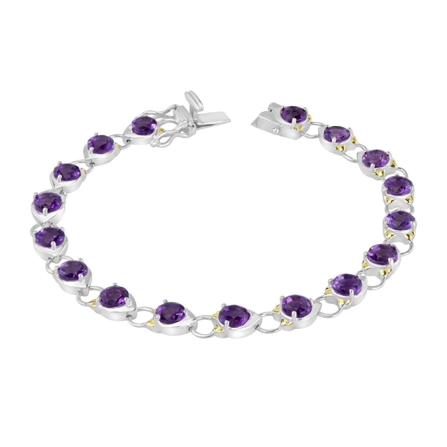 Gemistry Women Sterling Silver Round Shaped Amethyst Leaf Accent Line Bracelet | Birthstone Jewelry Gift for Her Birthday | Wedding | Anniversary