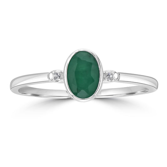 Kate Sterling Silver Emerald and White Topaz Stackable Oval Ring, Sizes 6 to 8