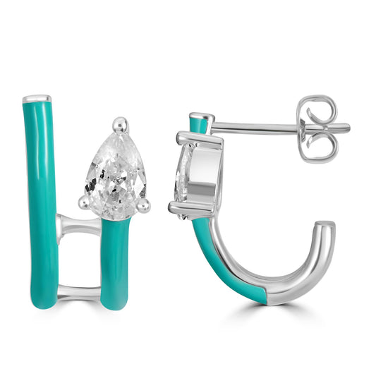 Bob Mackie Jewelry Silver-Plated Brass Pear-Shaped Cubic Zirconia and Double Row Turquoise Enamel Hoop Earrings