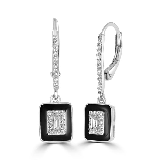 Judy Crowell Jewelry Sterling Silver Black Enamel Square Cubic Zirconia Leverback Earrings
