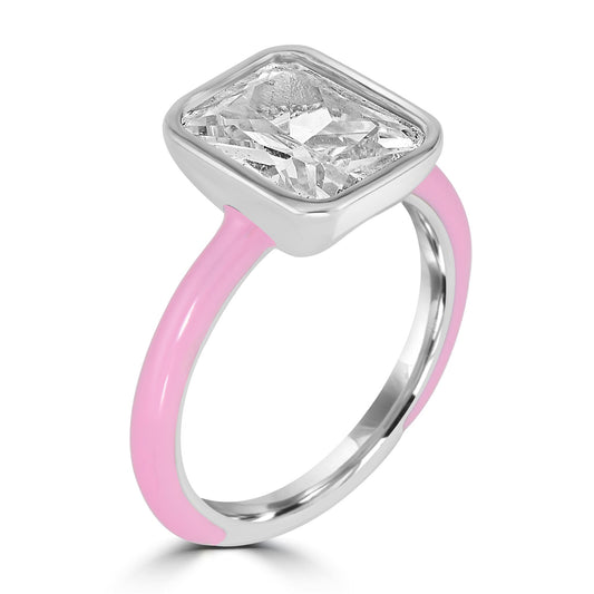 Bob Mackie Silver Over Brass Pink Enamel Rectangular Cut White Cubic Zirconia Ring, Sizes 6 to 8