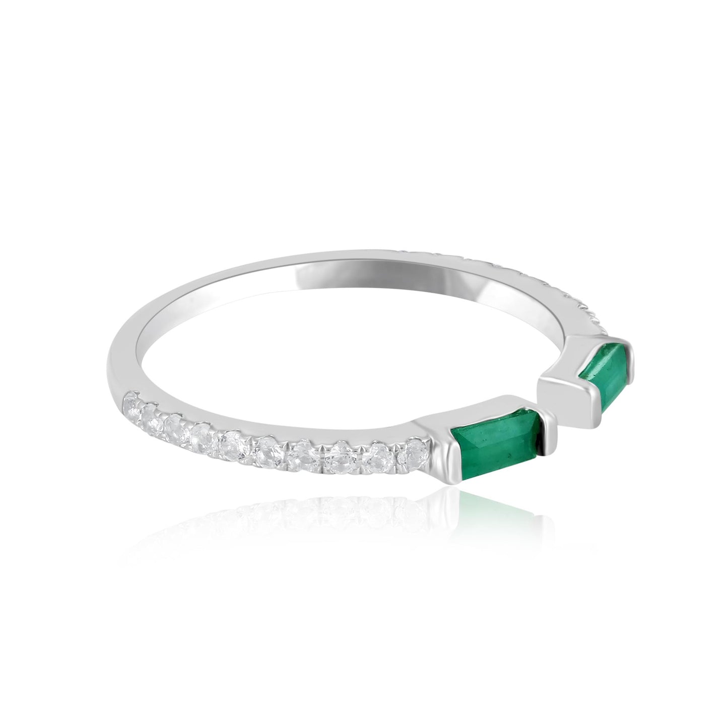 14K White Gold Emerald and White Topaz Cuff Ring