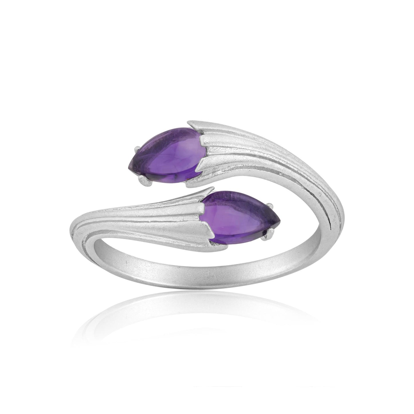 Sterling Silver Amethyst Gemstone Bypass Ring, Satin Finish, Sizes 7 to 9