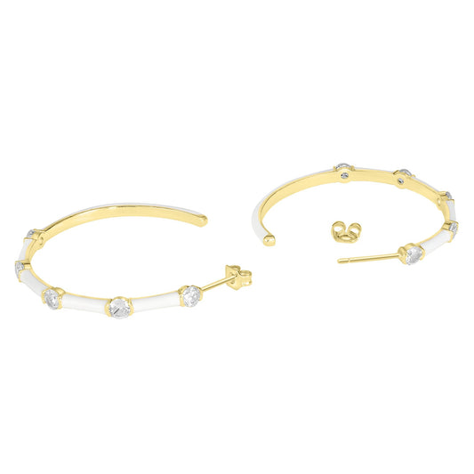 Bob Mackie Jewelry 14K Gold Over Brass White Enamel Cubic Zirconia Hoop Earrings