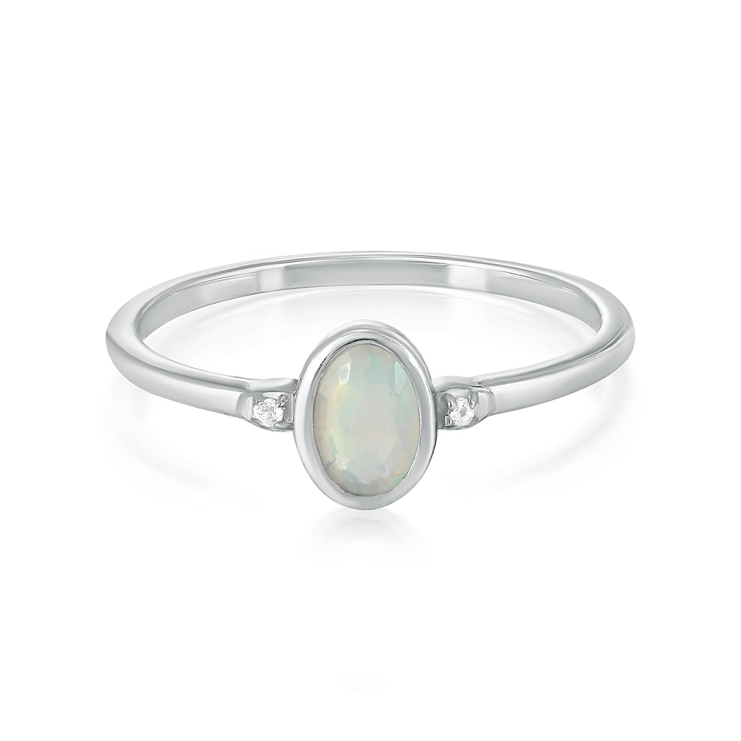 Kate Sterling Silver Ethiopian Opal and White Topaz Stackable Oval Ring, Sizes 6 to 8