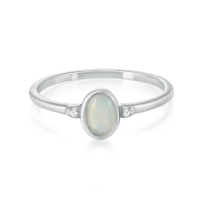 Kate Sterling Silver Ethiopian Opal and White Topaz Stackable Oval Ring, Sizes 6 to 8