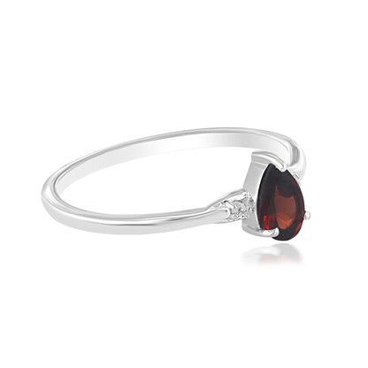 Dew Sterling Silver Garnet and White Topaz Gemstone Stackable Pear Ring, Sizes 6 to 8