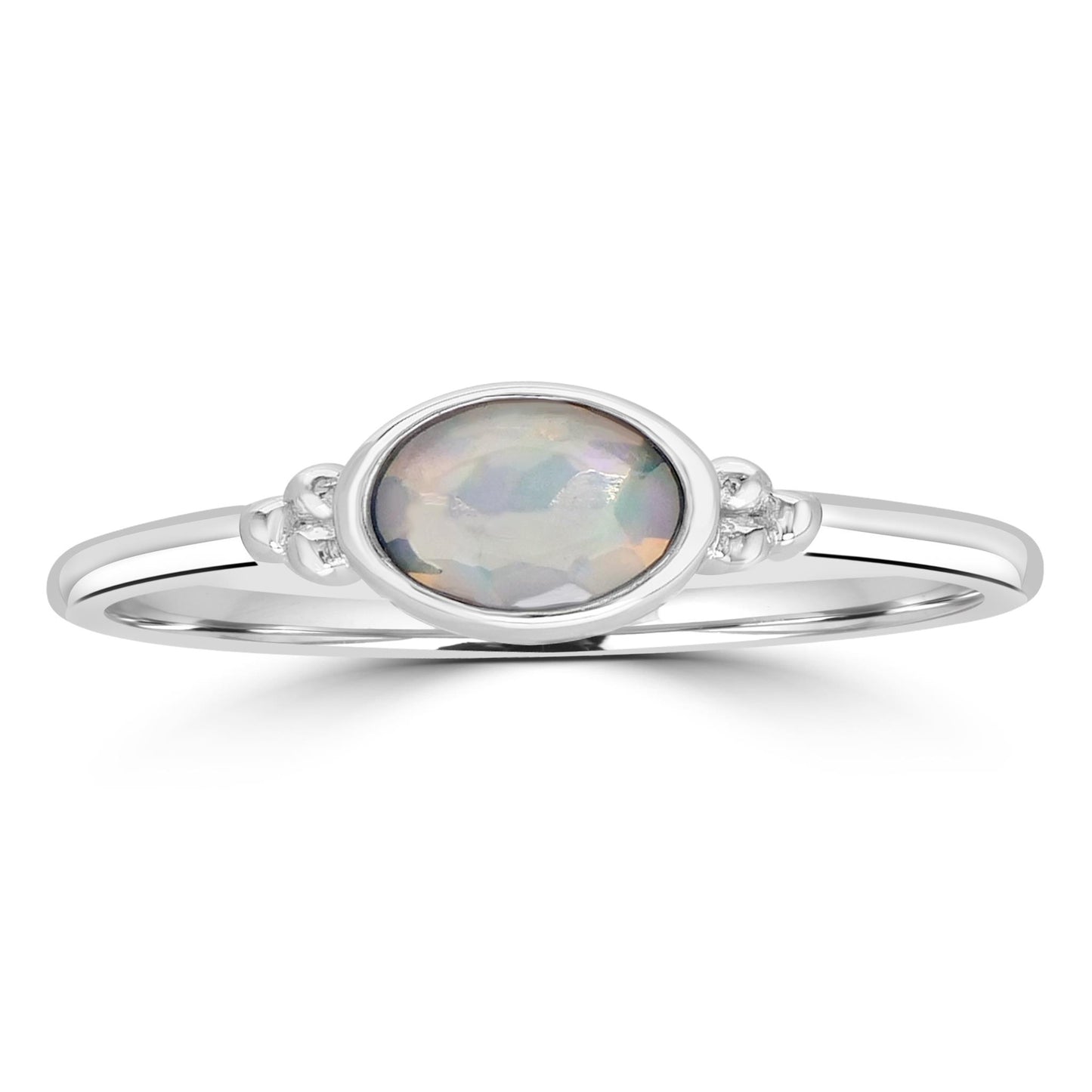 East-West Sterling Silver Opal Gemstone Stackable Solitaire Bezel Ring, Sizes 6 to 8