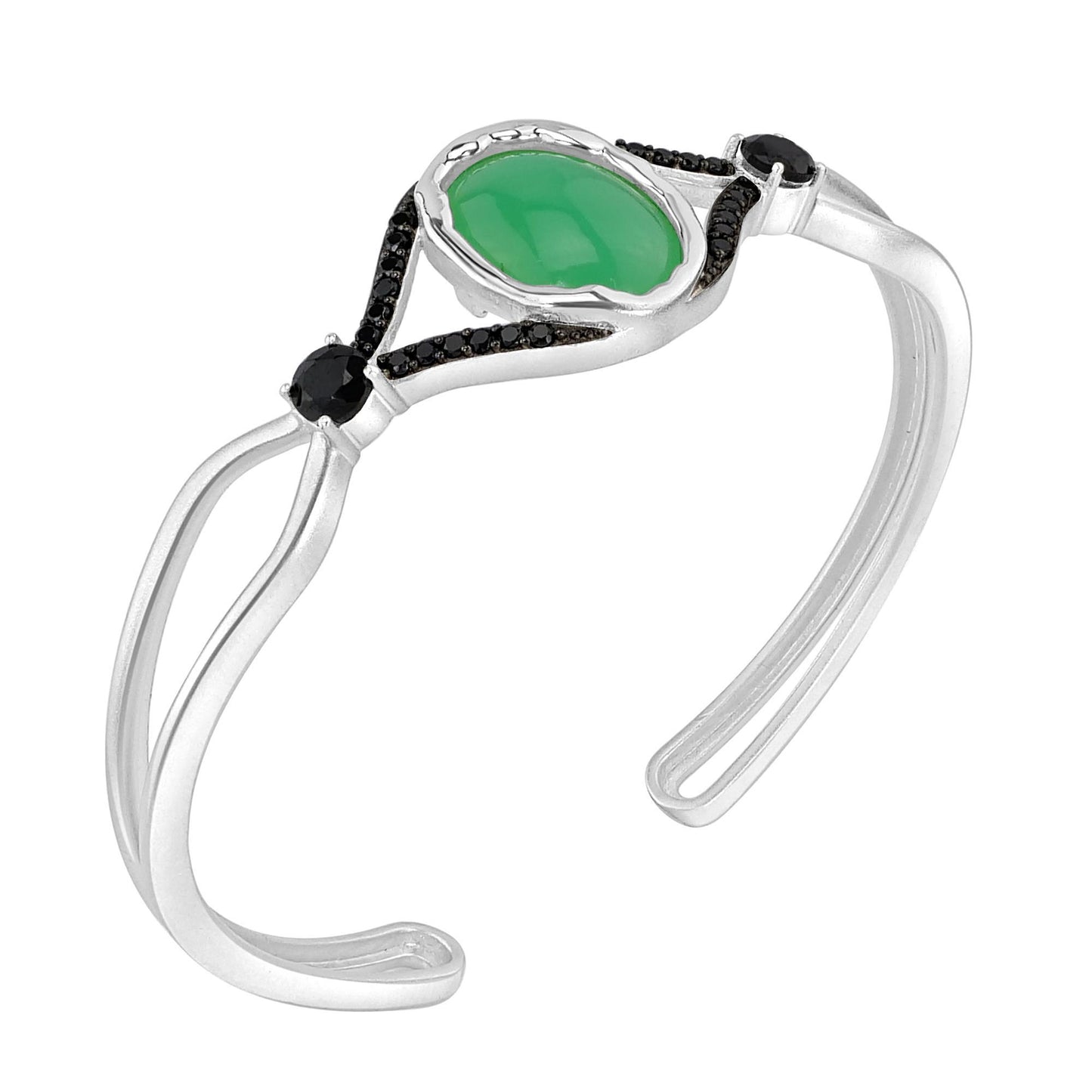 Gemistry Women Sterling Silver Oval Chrysoprase Cabochon Gemstone Cuff Bangle | Birthstone Jewelry Gift for Her Birthday | Wedding | Anniversary